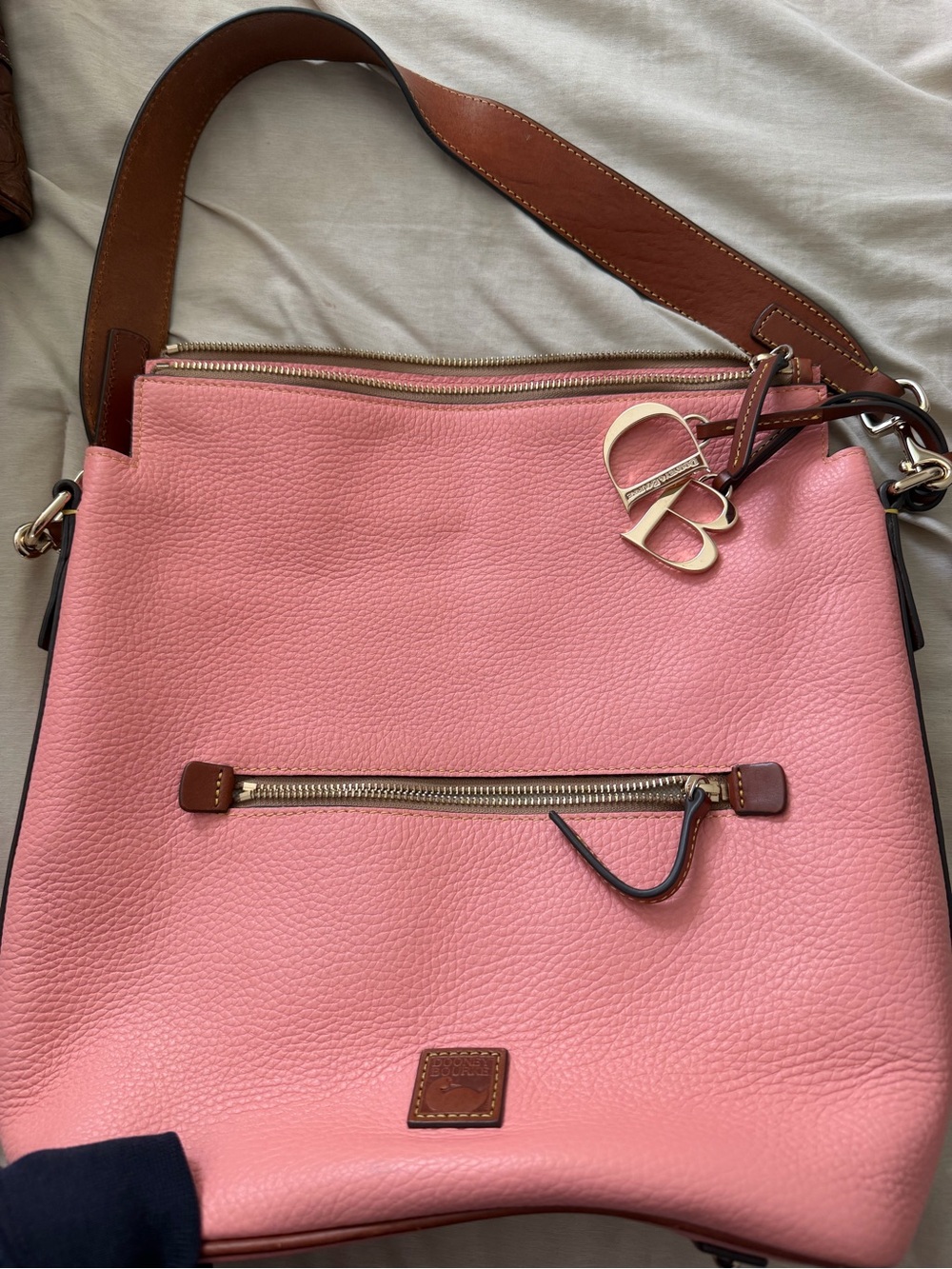 Dooney & Bourke Pink Pebble Leather Shoulder Bag with Brown Strap